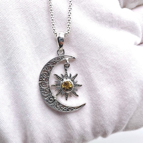 Genuine Citrine .925 Sterling Silver Moon Necklace - Picture 7 of 17